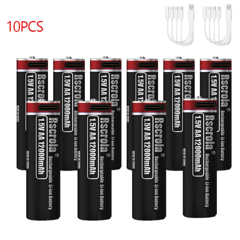 1.5V AA Rechargeable Lithium Battery 12000mAh with Type-C Cable, Stable Output for Camera, Mouse, Toys, Flashlight Oasis Select 10 PCS AA Batteries
