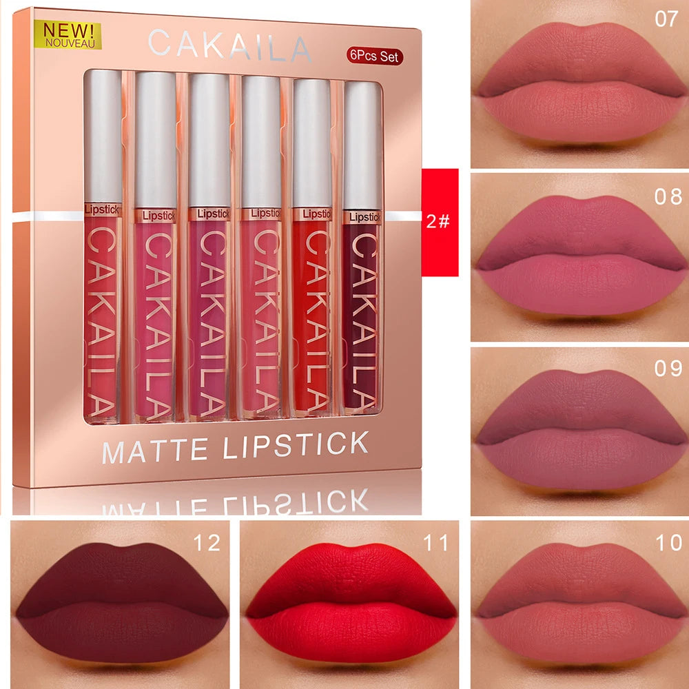 CAKAILA 6-Color Lip Gloss Lipstick Set Liquid Matte Velvet Matte Women's Makeup Long-lasting Waterproof Non-stick Cup Non-fade Oasis Select 02