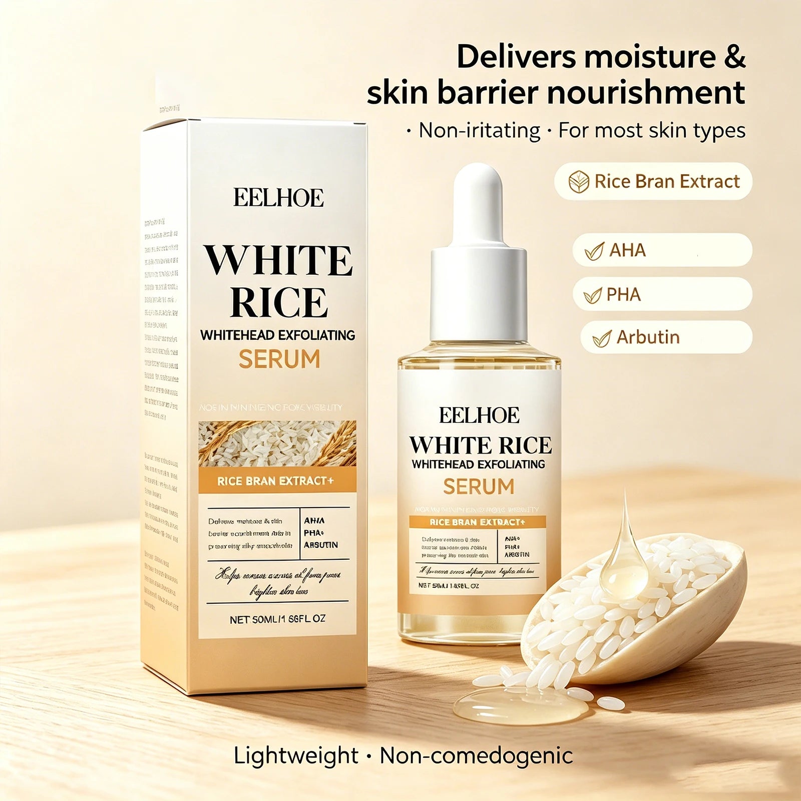 Rice Exfoliating Serum AHA PHA Arbutin Gentle Exfoliation Brightening Smooth Skin Pore Care Dead Skin Remover Daily Use 50ml Oasis Select