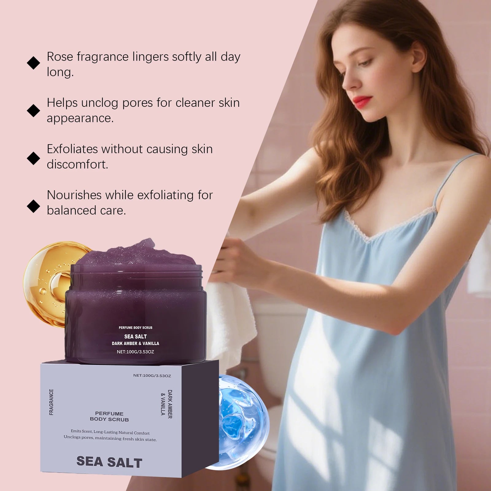Perfume Body Scrub Hydrating Smoothing Skin Natural Exfoliating Salt Rose Coral Amber Vanilla Scent Moisturizing Cleansing Skin Oasis Select