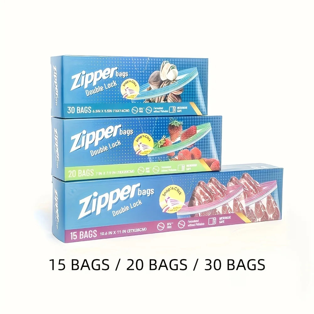 15/20/30 Double Lock Zipper Food Storage Bags - Leak Proof Thickened Reusable Freshness Bag, Suitable for Refrigerator Storage Oasis Select