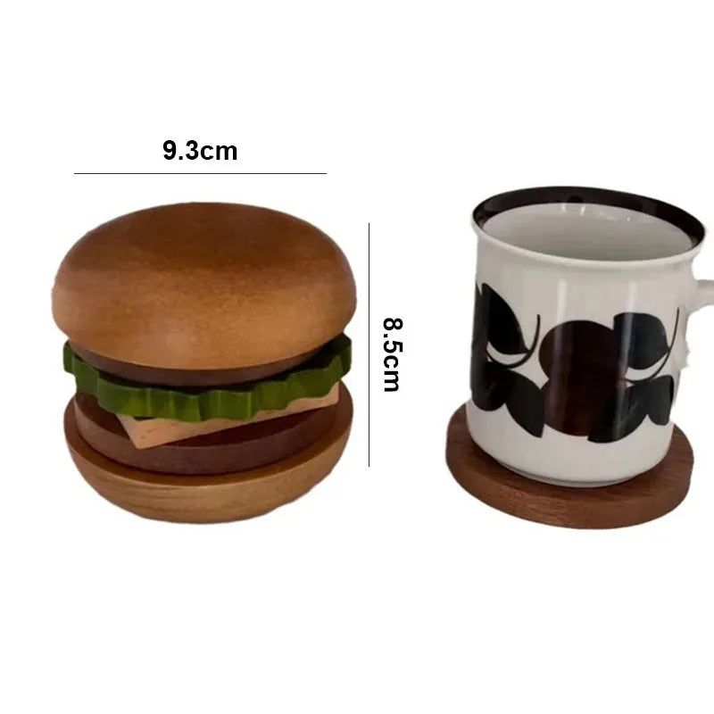 6-Pack Burger-Shaped Solid Wood Coasters – Anti-Slip Cup Mats Wooden Coaster Set Oasis Select