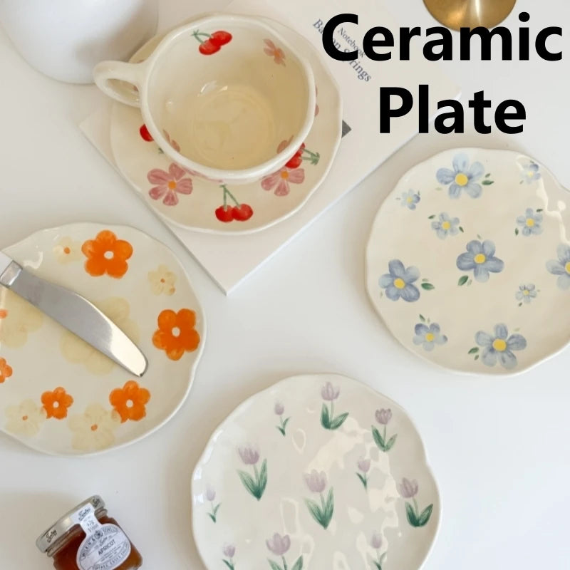 Ceramic Plate Flower Pattern Coffee Mug Set Painted Cute Girl Hand-painted Underglaze Color Gift Saucers for Festivel Present Oasis Select