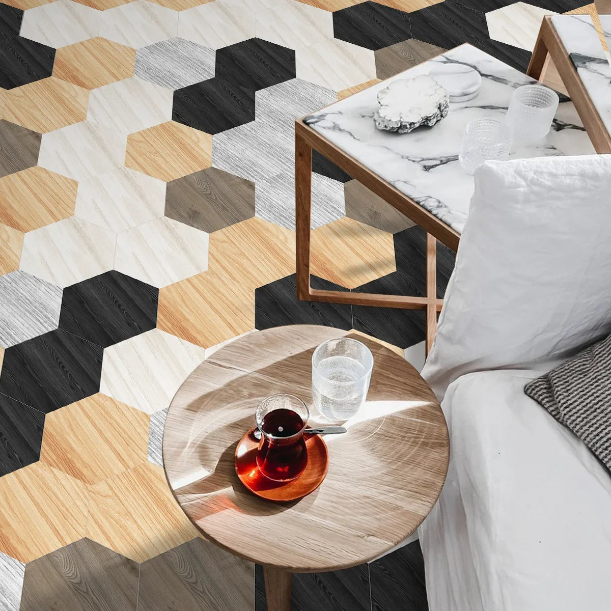 Marble wood grain self-adhesive hexagonal floor stickers waterproof home decoration hexagonal art Mosaic floor stickers Oasis Select