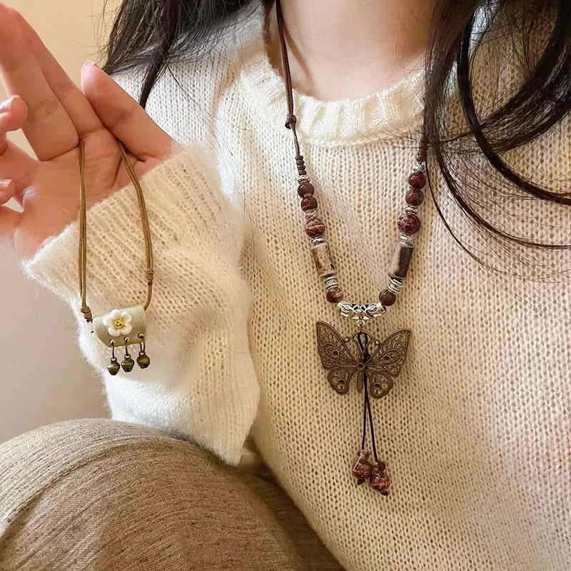 Vintage Ceramic Butterfly Pendant Necklace for Women 2025 New Chinese Ethnic Style Long Sweater Chain Necklace Jewelry Accessory Oasis Select