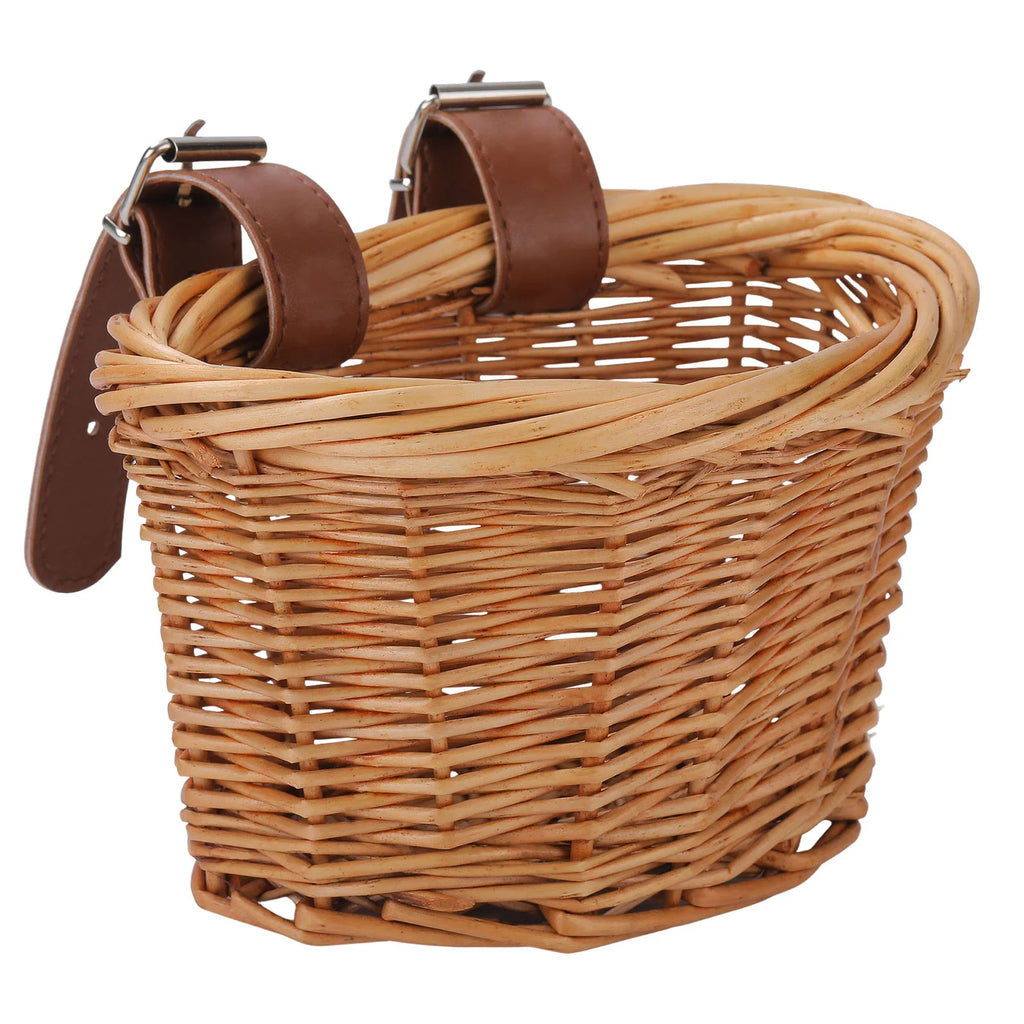 Kids Bike Basket Bicycle Wicker D-shaped Baskets Child Scooter Front Storage Basket With 2 Leather Strap For Cycling Accessories Oasis Select