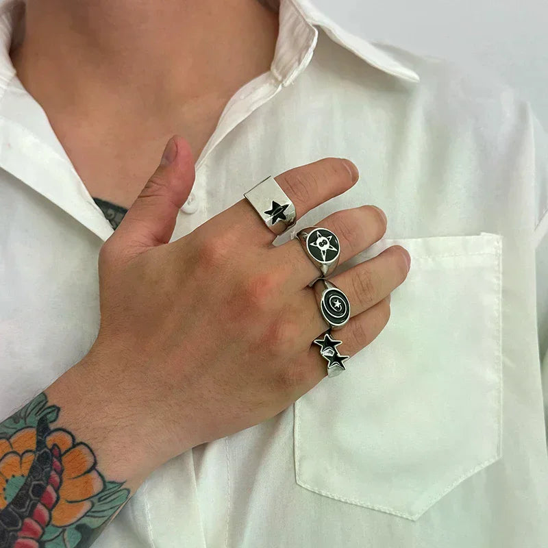 4Pcs/Set Black Five-Pointed Star Wide Rings For Men Hiphop Silver Color Geometric Thick Opening Finger Rings Sets Jewelry Gifts Oasis Select