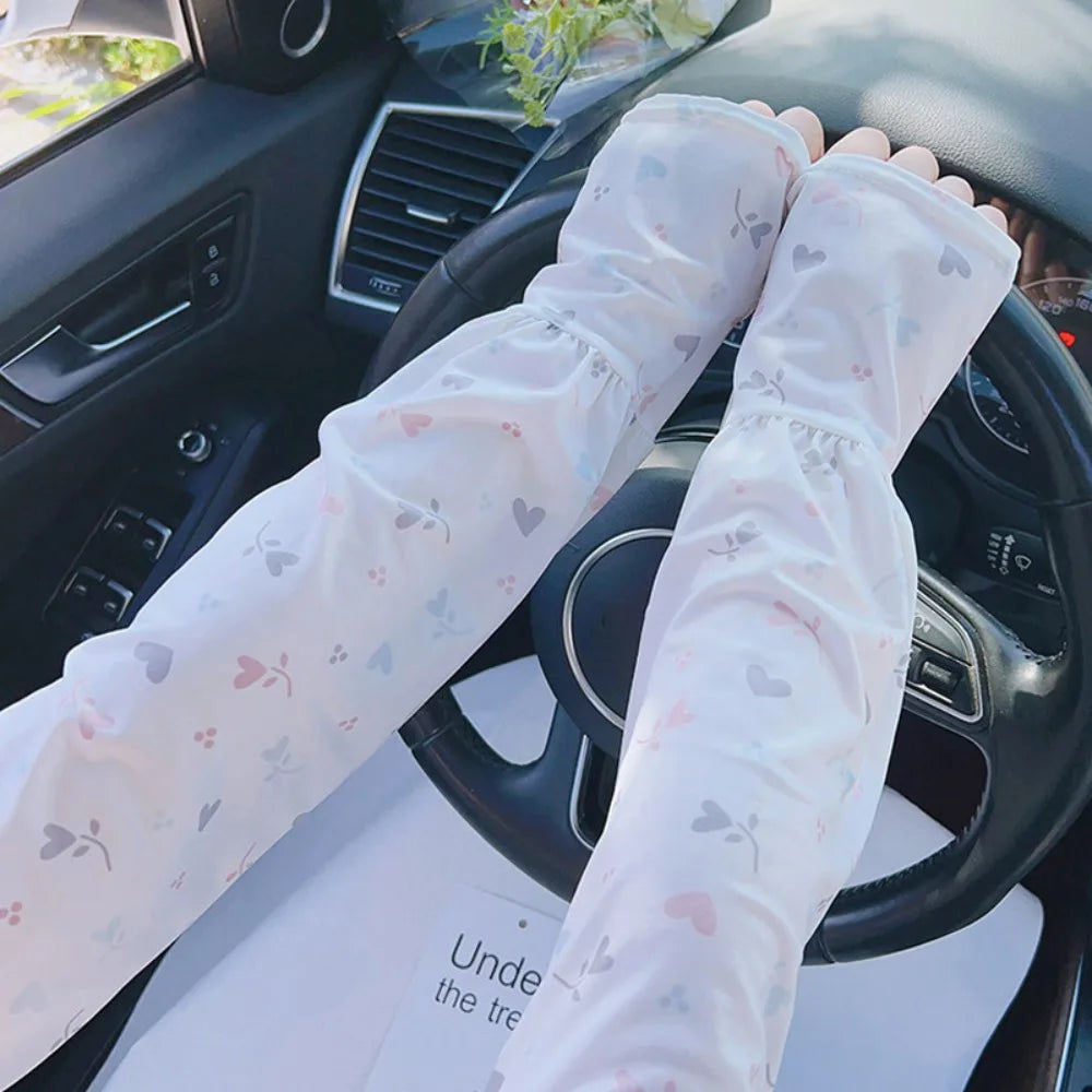 Breathable Ice Silk Sleeve Loose Fit Love Flower Print Sun Protection Sleeves Cooling Material UV Protection Sleeves Cycling Oasis Select White