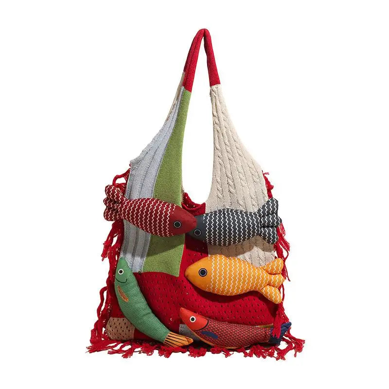 Tassel Knit Fish Tote Bag – Cute Casual Shoulder Handbag