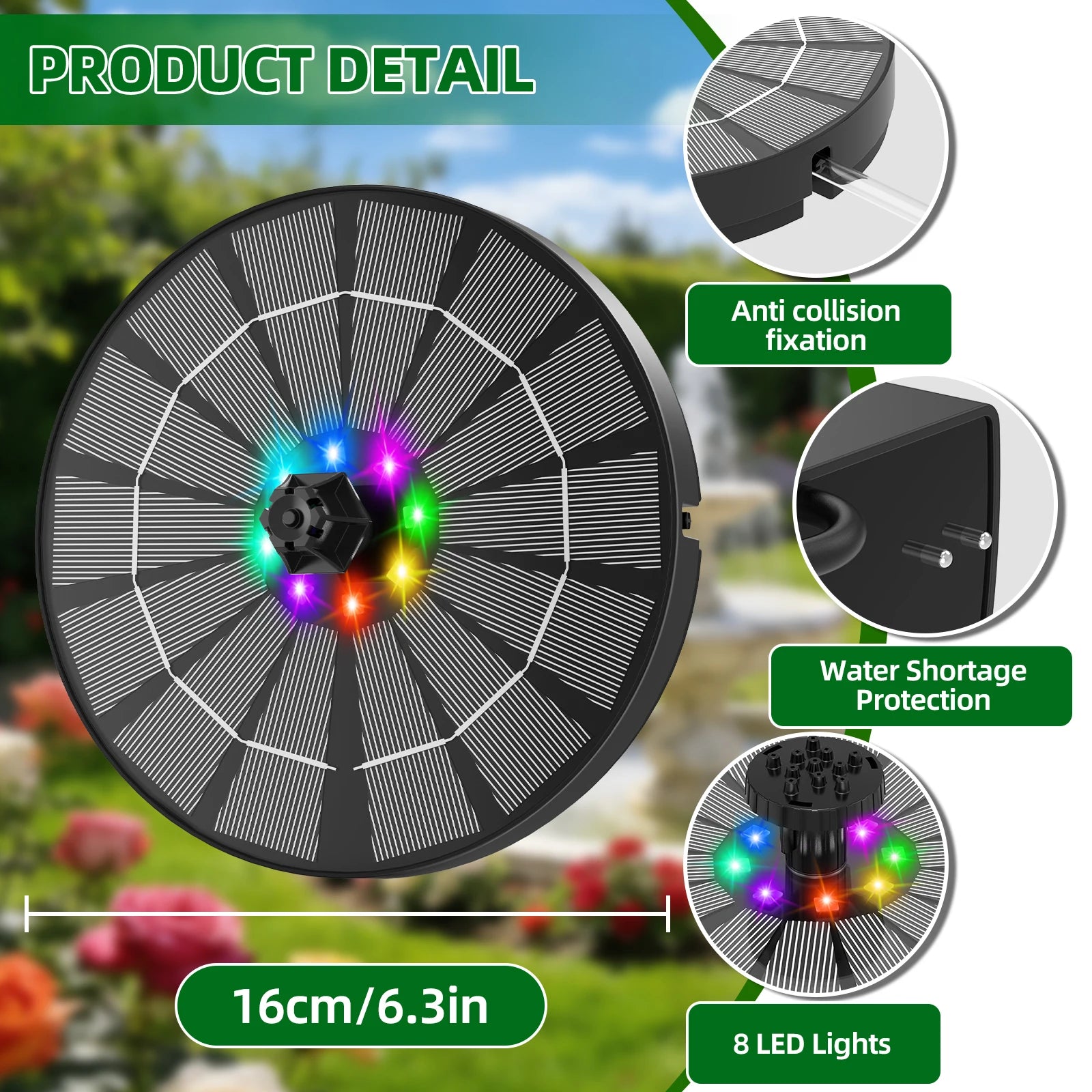 3.5W LED Solar Water Fountain Bird Bath Pump with 1200mAh Battery, 8 Nozzles and 4 Crash Bars, DIY Bird Bath Garden Aquarium etc Oasis Select 3.5W with LED Lights