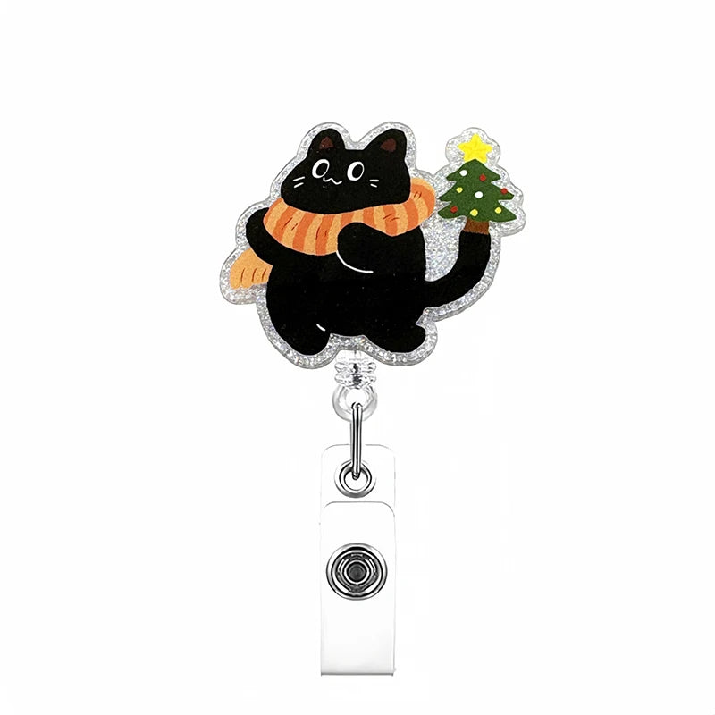 Christmas Cat Badge Reel Retractable Cute Xmas Badge Clip With Christmas Tree Black Cat Designs Acrylic Christmas ID Name Holder Oasis Select StyleB