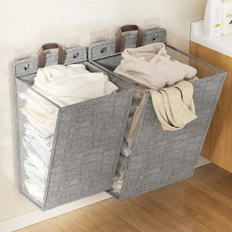 1pc Foldable Adhesive Laundry Basket Hamper, Multifunctional Punch Free Wall Hanging Washing Clothes Mesh Hook Organizer Oasis Select