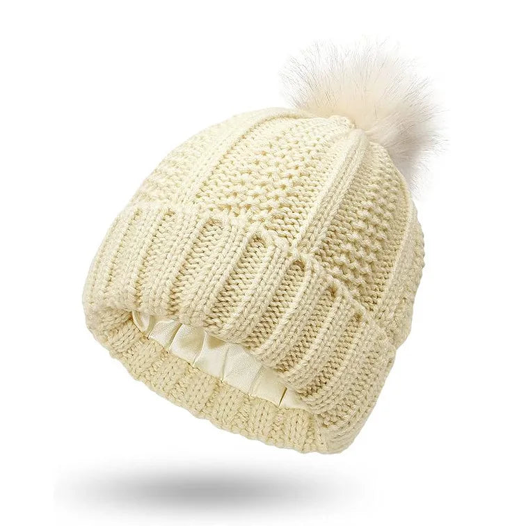 Flower needle woolen ball cap, warm double-layer lined hair care cap, woolen cap, women's knitted cap, pineapple cap Oasis Select beige