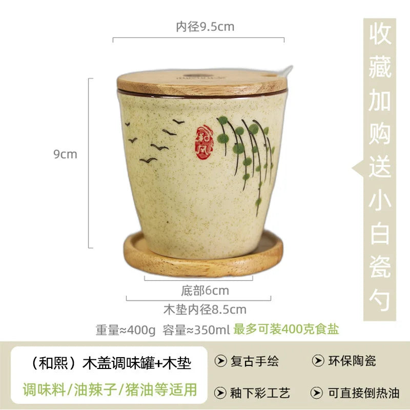 Ceramic Retro Seasoning Pot Hand-painted Salt Pot Oil Tank Pepper Pot for Kitchen Oasis Select porcelain spoon