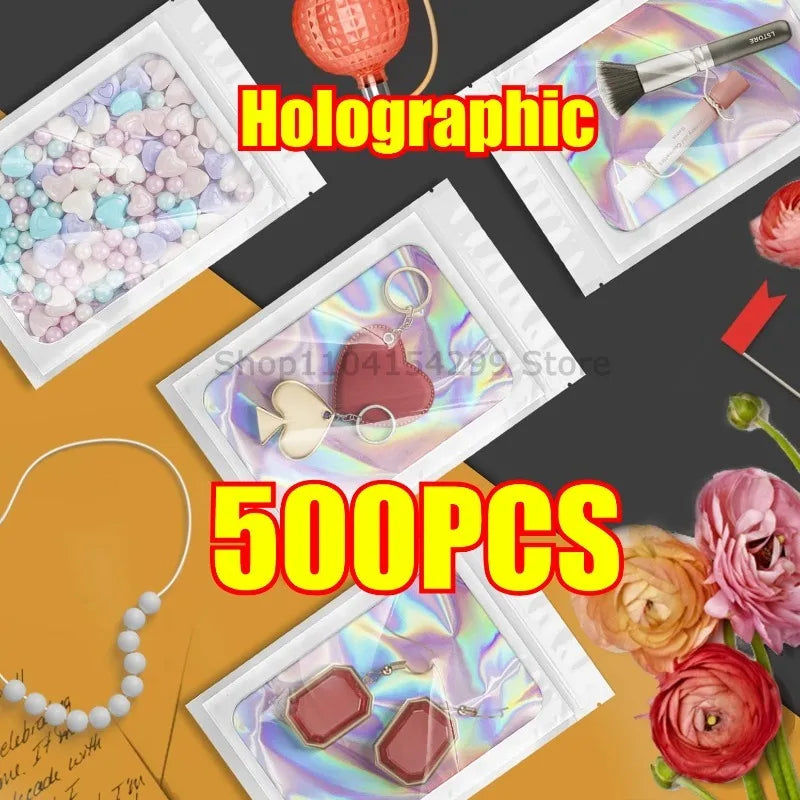 500Pcs Holographic Ziplock Bags Plastic Laser Iridescent Zip Bags for Manicure Eyelash Display Earrings Ring Jewelry Storage Bag Oasis Select