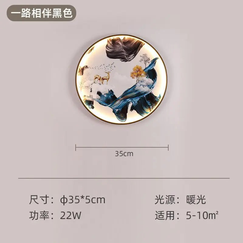 New Chinese style mural lamp Chinese style corridor tea room living room porch background wall decorative mural wall decor Oasis Select Diameter 35cm All the way