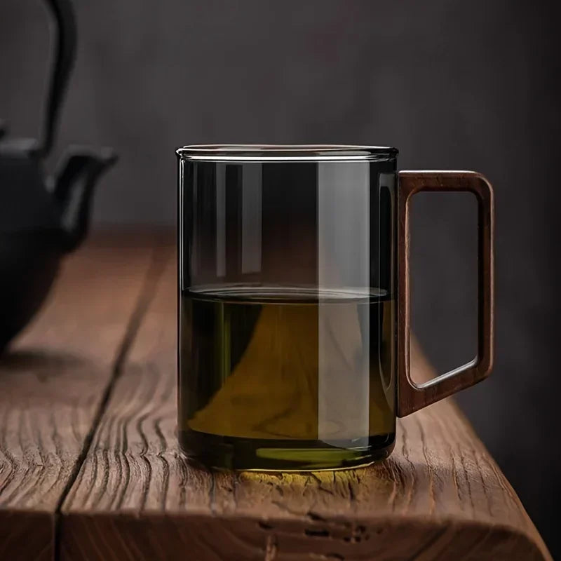 1/2pcs 400ml Glass Cups with Walnut Handle Household Heat-resistant Mug Large Capacity Tea Making Cup Office Drinking Glasses Oasis Select 1PC GRAY 400ML