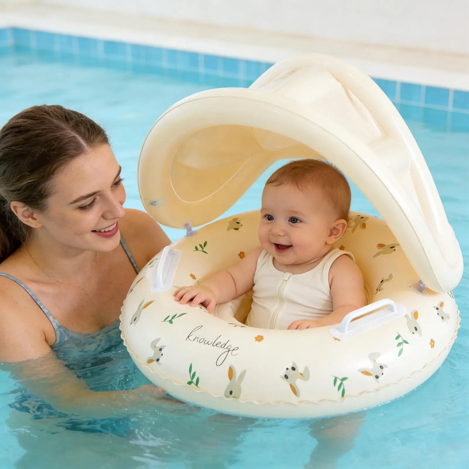 Baby swimming ring with sunshade inflatable baby pool float mat cute retro thickened seat ring detachable sunshade seat ring Oasis Select