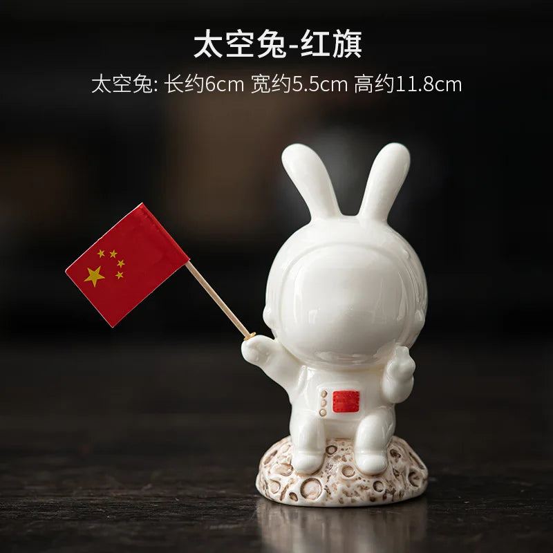 Ceramic Cute Space Rabbit Aromatherapy Burner Ornament for Home Indoor Tea Pet Jade Rabbit Incense Burner Incense Oasis Select Rabbit-red Flag