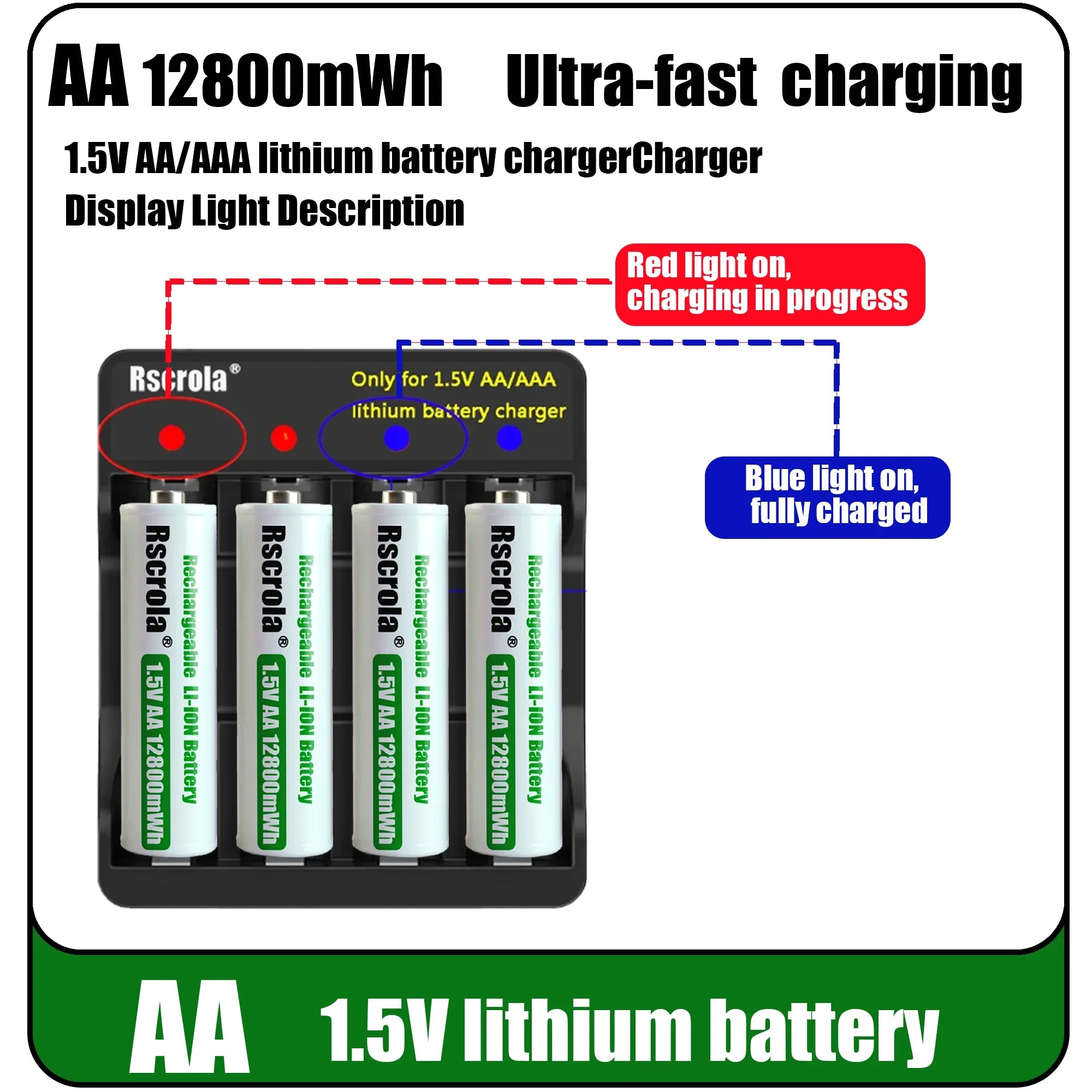 Universal Rechargeable 1.5V AA 12800mWh Lithium ion Battery Fast charging with Charger for Camare Clock Mouse Fan Electric Toys Oasis Select