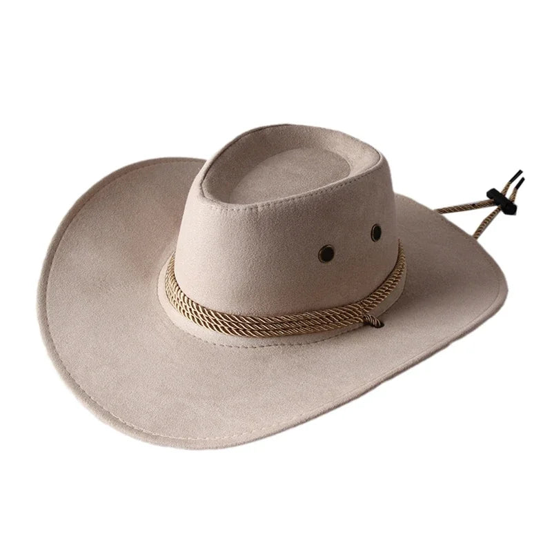 Western Cowboy Hat Vintage Wide Brim, Sun Protection Outdoor Hat for Riding Camping Hiking, Solid Color Jazz Basin Hat Oasis Select Beige