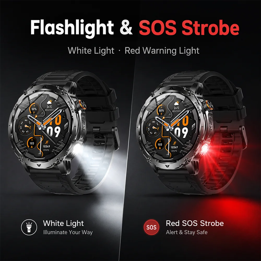 Outdoor Smart Watch Men Lady Flashlight Heart Rate BT Call Sports Bracelets Health Smartwatch Waterproof Compass GPS SOS 1100mAh Oasis Select