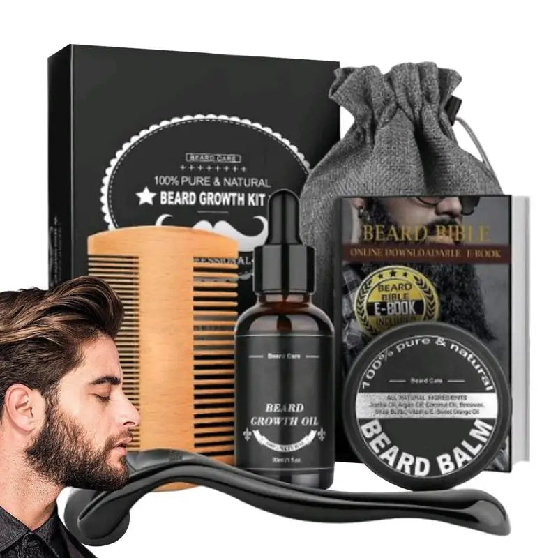 5pcs Men Beard Barba Grooming Beard Set Beard Growth oil Men Hair Enhancer Thicker Mustache Grooming Beard Care Oil comb bag Oasis Select