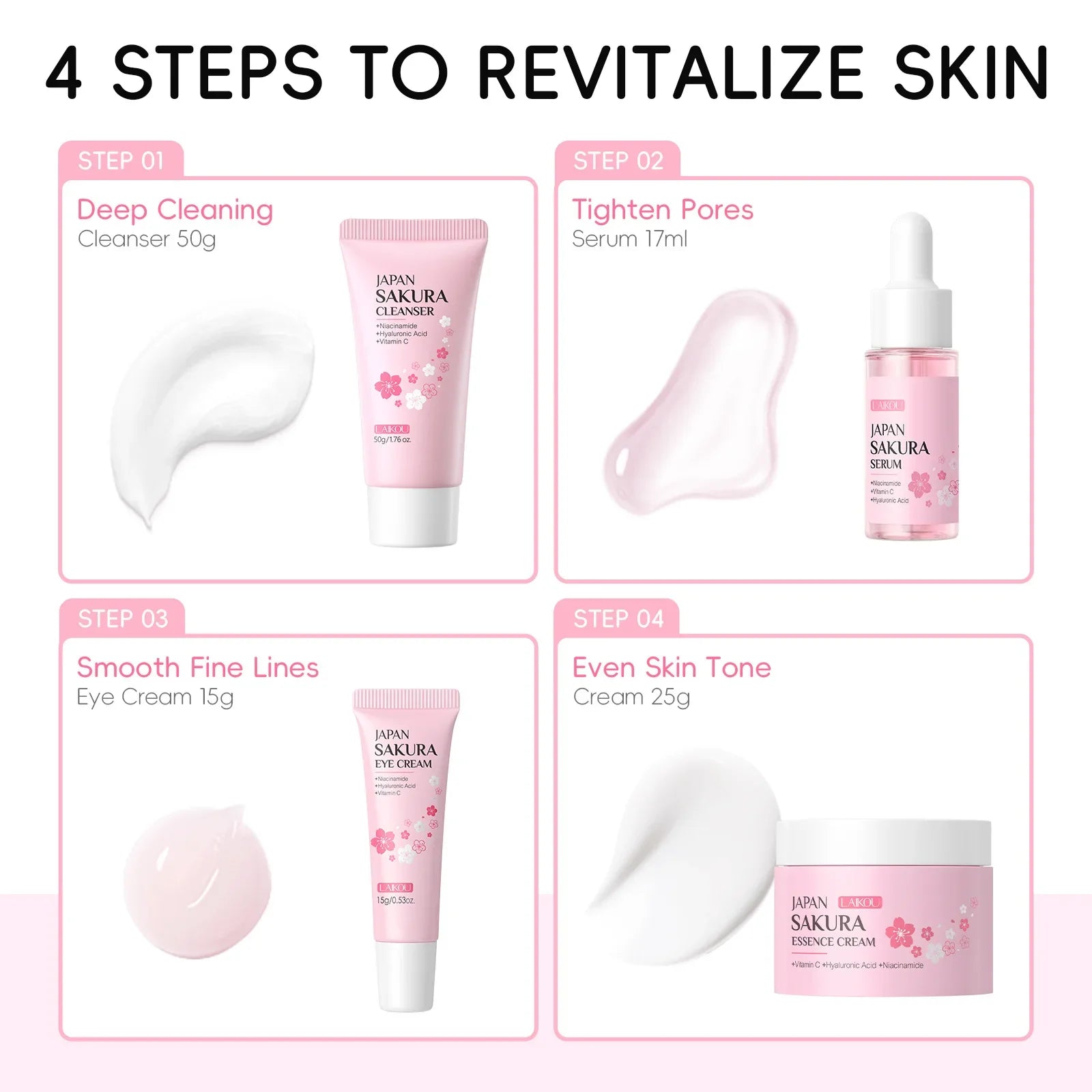 LAIKOU Japanese Sakura Hydrating Brightening 4PCS Skincare Set For All Skin Types Cleanser Serum Eye Cream Face Cream Oasis Select