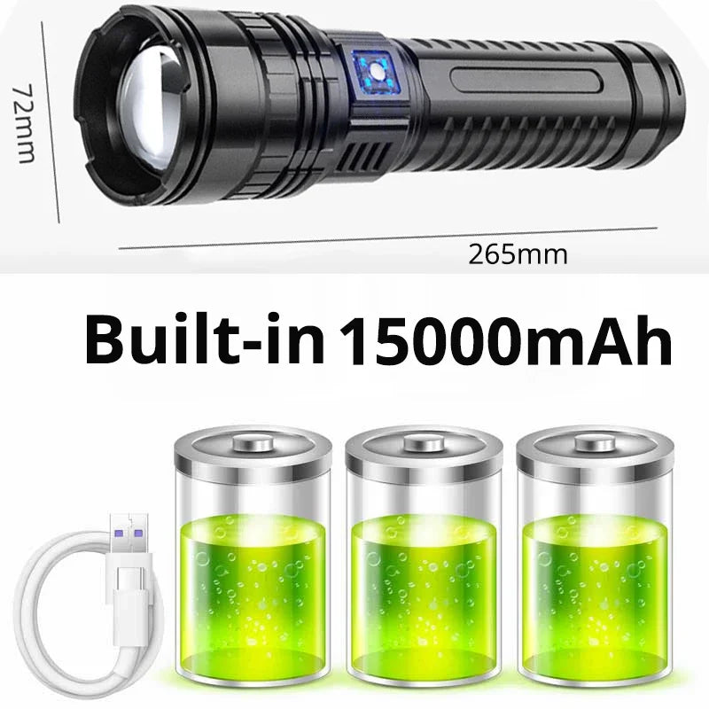 10000M LED Flashlight USB C Rechargeable 8000W Flash Light 9900000000LM Power Flashlights Zoom Tactical Lantern 20000mah battery Oasis Select Style A
