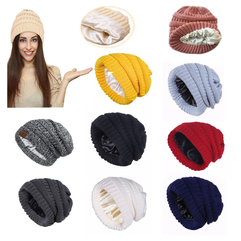 Skeleton hat with micro elastic satin lining, knitted hat with satin lining, windproof and warm hat, double-layer knitted hat wi Oasis Select