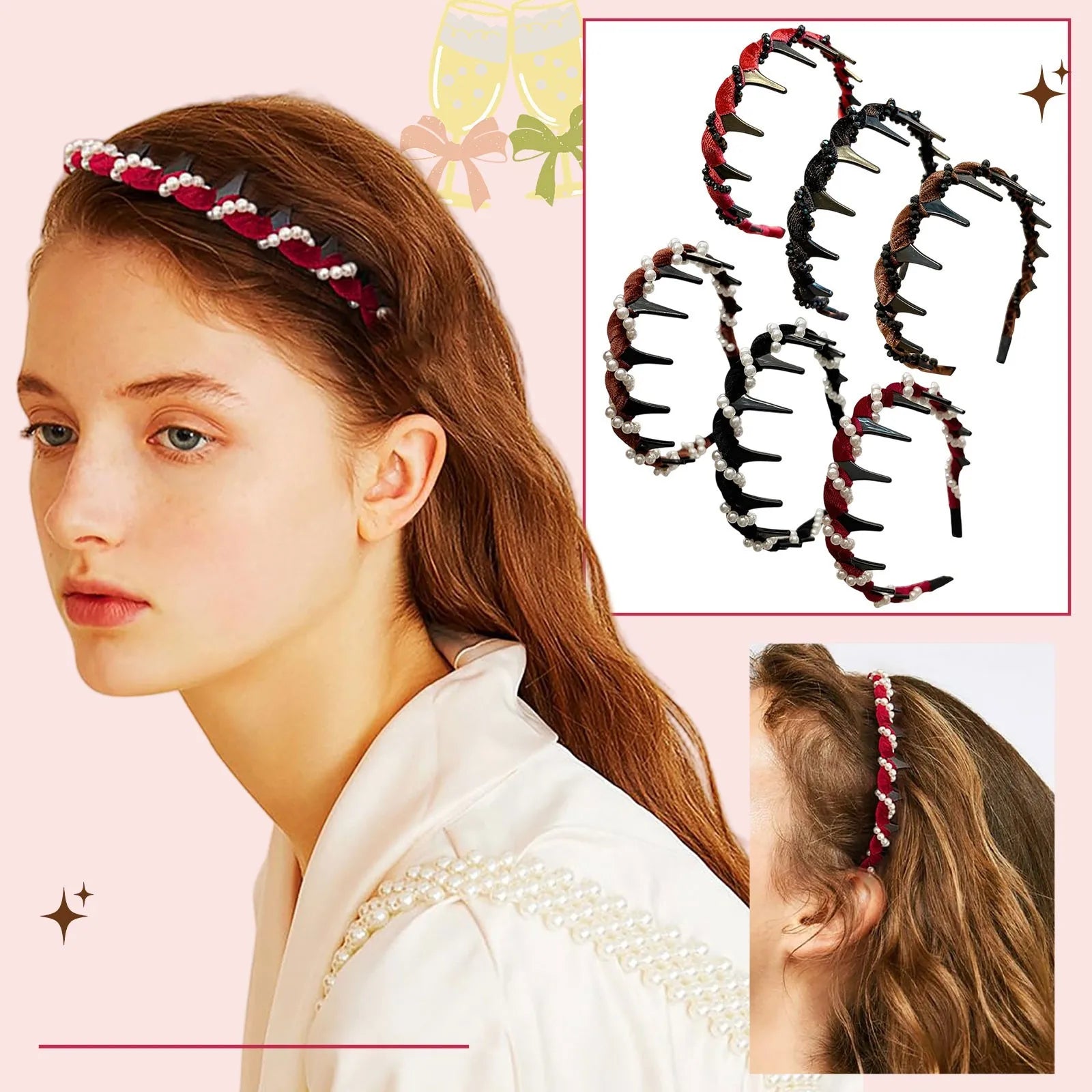 3PCS New Trendy Pearl Headbands Non-slip Wavy Head Hoop Combing Hairbands Headwear Hair Accessories Hair Accessories Gifts Oasis Select