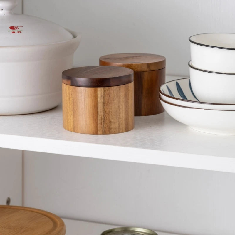 Wooden Salt Cellar with Spoon Kitchen Salt Box Pepper Jar with Swivel Closure Lid Round Container To Condiment Spice Container Oasis Select