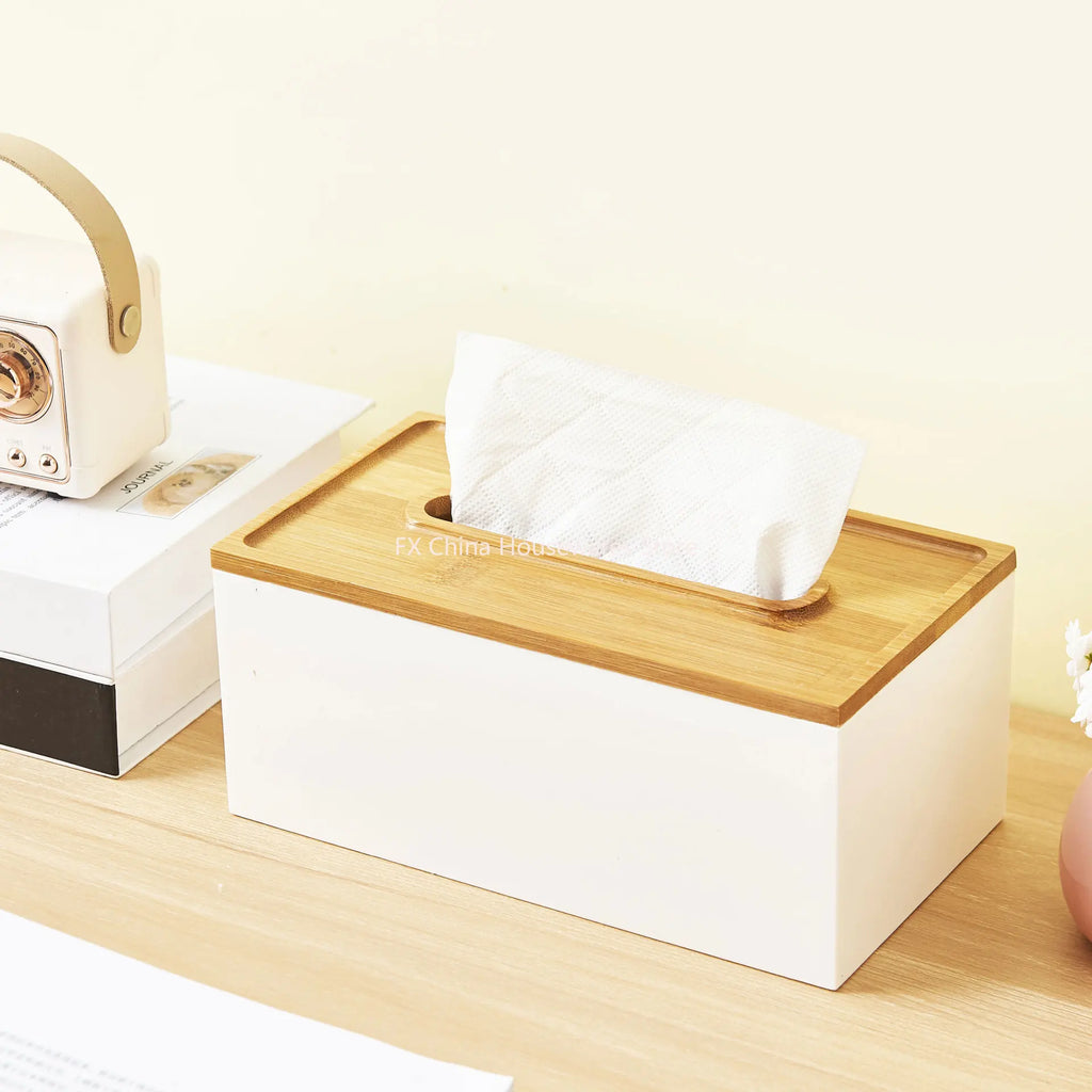 Japanese Style Bamboo Lid Tissue Box Holder - Plastic Desktop Organizer for Living Room, Bathroom, Office, Kitchen Storage Oasis Select