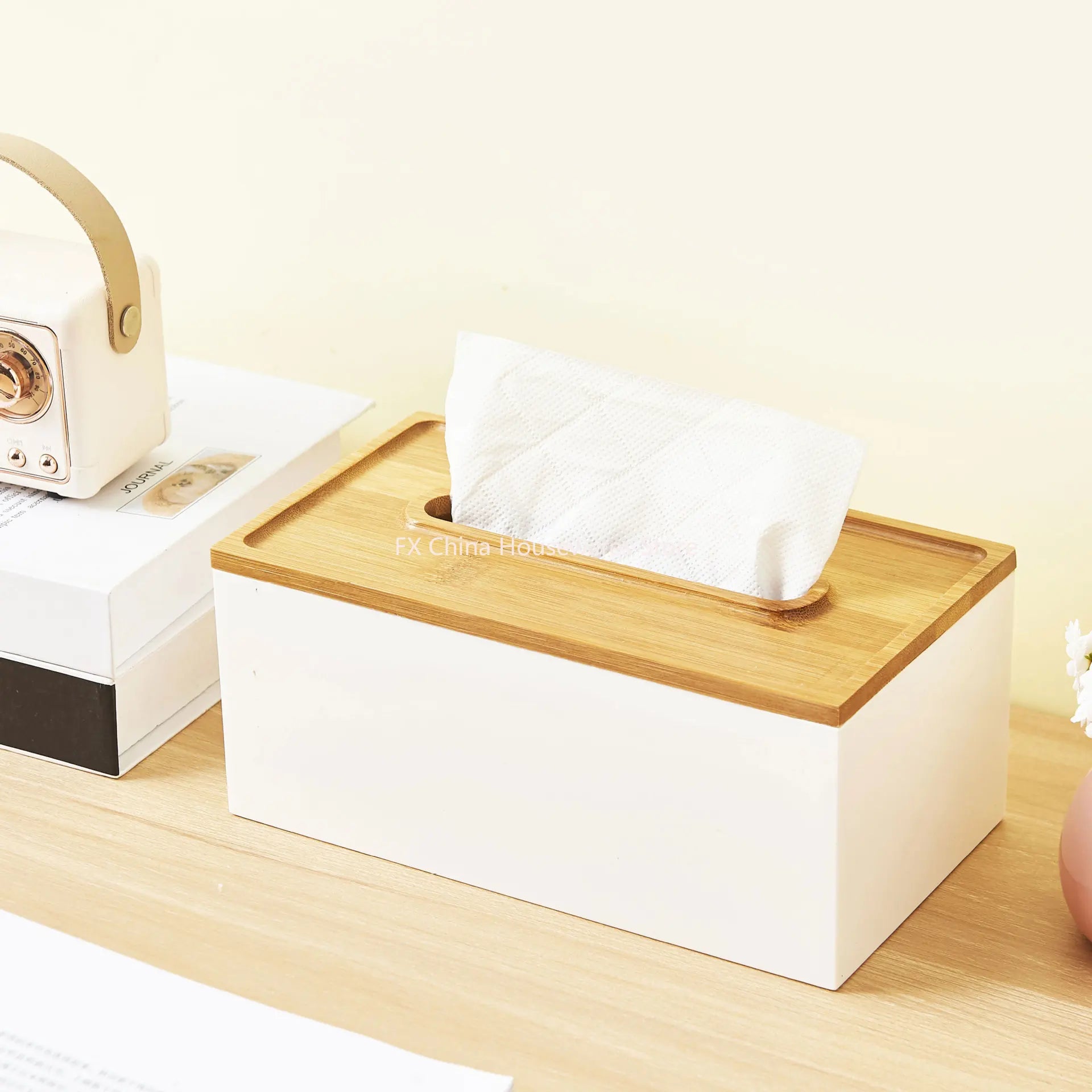 Japanese Style Bamboo Lid Tissue Box Holder - Plastic Desktop Organizer for Living Room, Bathroom, Office, Kitchen Storage Oasis Select