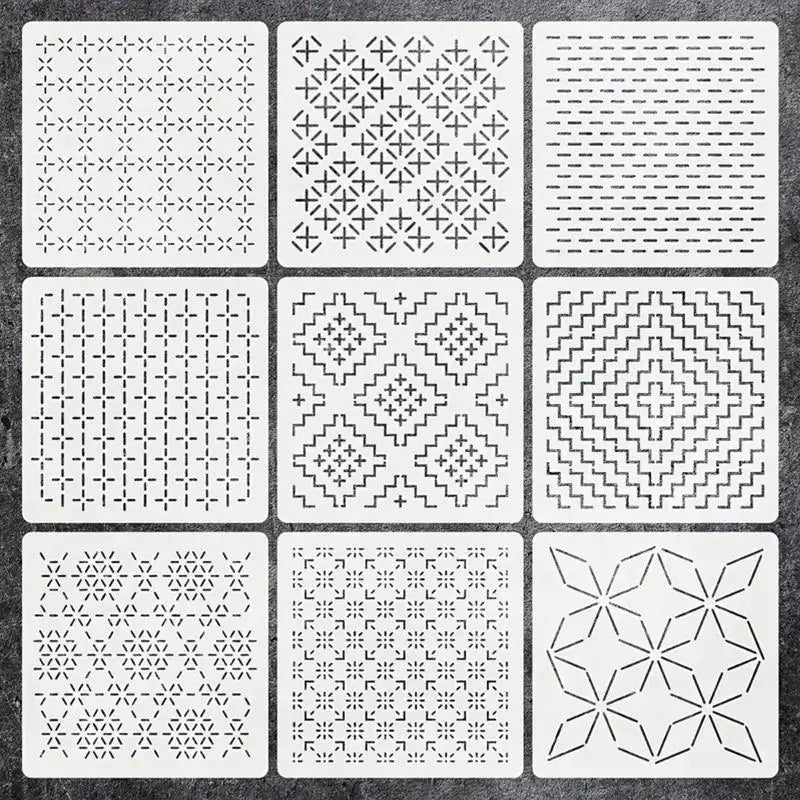 9/32Pcs Sashiko Embroidery Template DIY Geometric Patchwork Stencil Reusable PET Stencil Handmade Embroidery Handicraft Tools Oasis Select 9Pcs