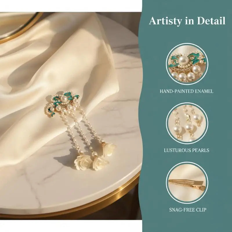 Vintage Pearl Tassel Hair Clip – Enamel Flower Hanfu Hair Pin Decorative Hair Pin Oasis Select