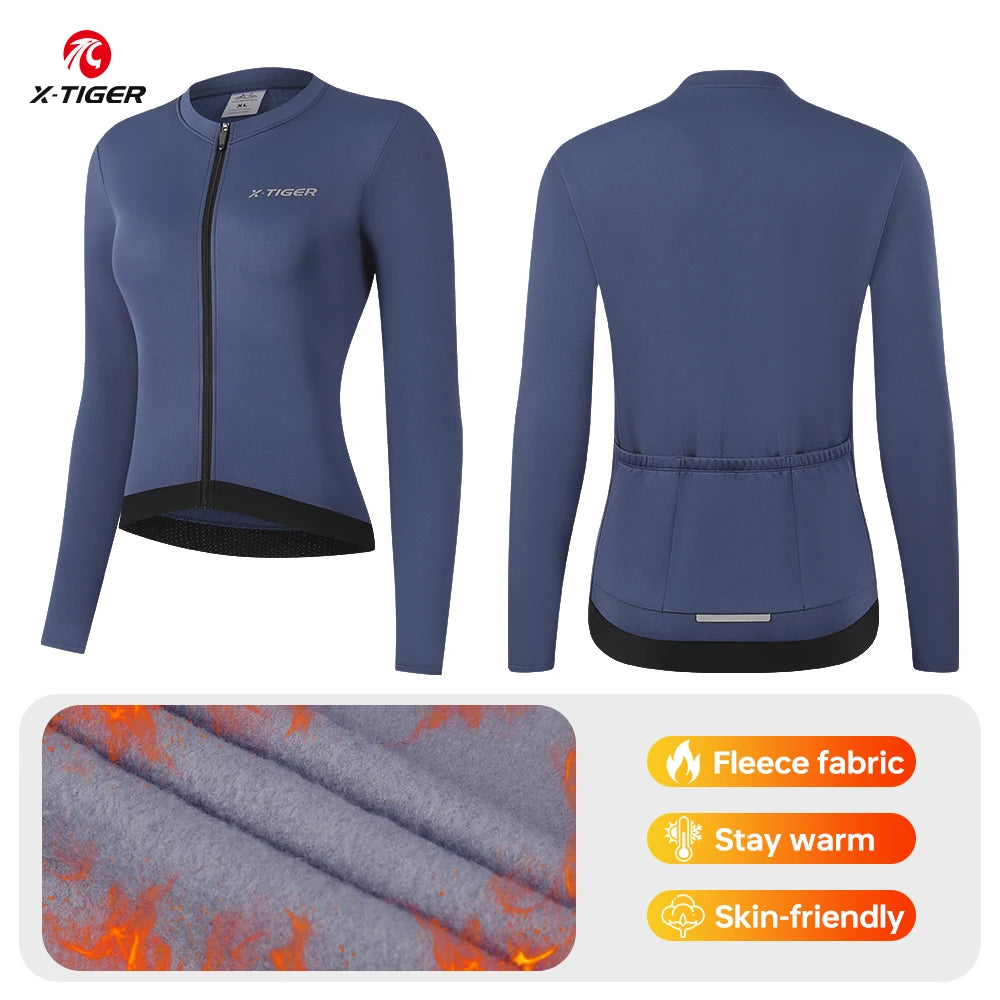 X-TIGER Winter Cycling Jersey Woman Warm Cycling Jacket Long Sleeve Jersey Full Zipper Female Mountain Road Bicycle Clothes Oasis Select Blue M