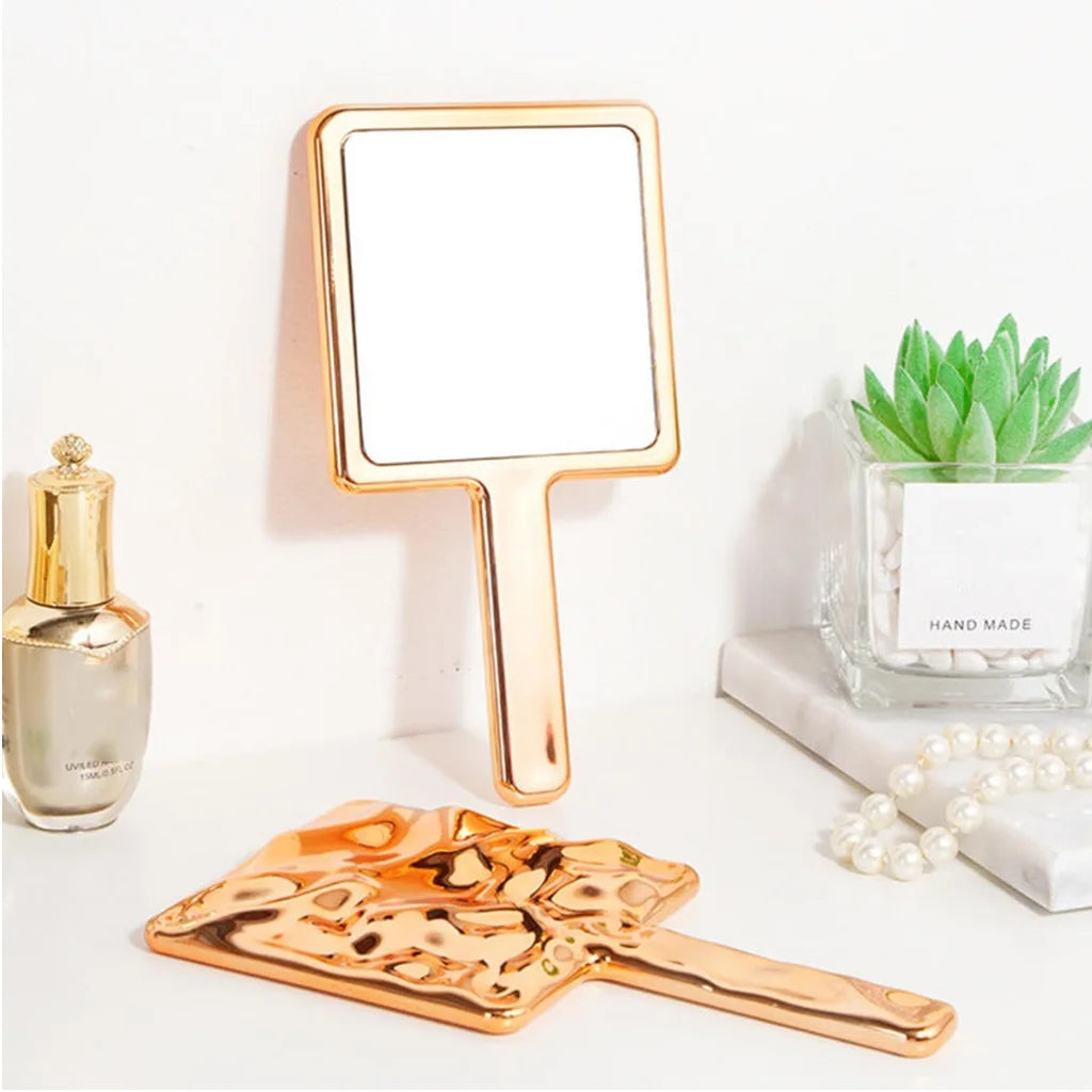 Square Handheld Makeup Mirror Liquid Shape Vanity Mirror With Handle Hand Mirror Spa Salon Compact Mirrors For Eyelash Extension Oasis Select Rose Gold-9x16 cm