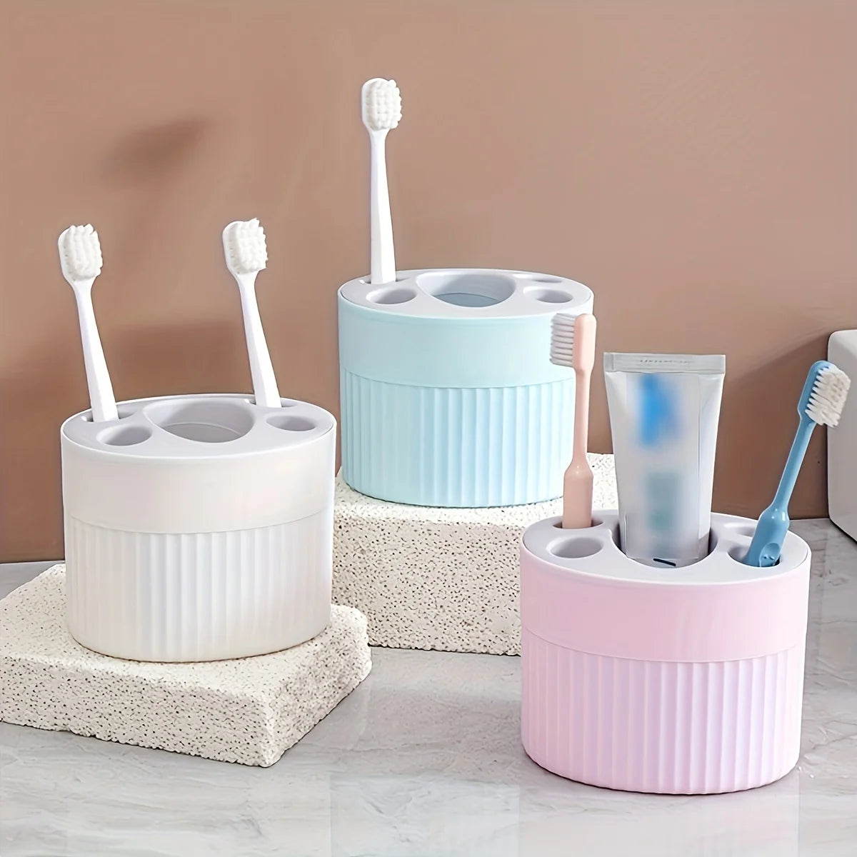 4 Slot Toothbrush Holder ABS Plastic Bathroom Organizer Freestanding Toothpaste Stand with Drain Holes for Home Gift Festival Oasis Select