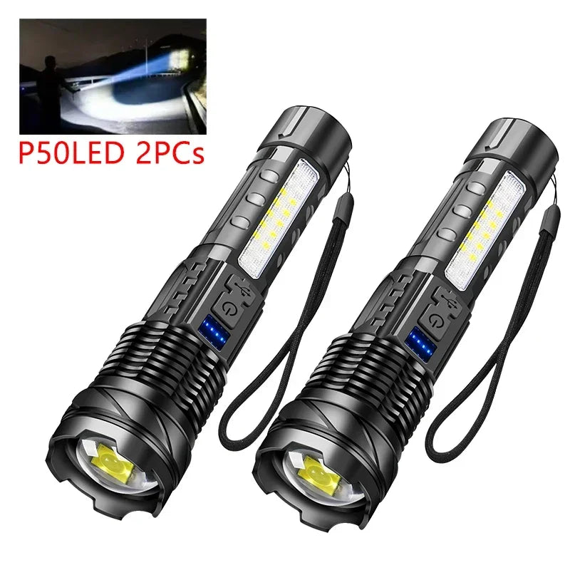 Powerful LED Flashlight Type C Rechargeable Waterproof Torch with Side Light 7 Modes Zoomable Lamp for Camping Fishing Lantern Oasis Select 2PCS