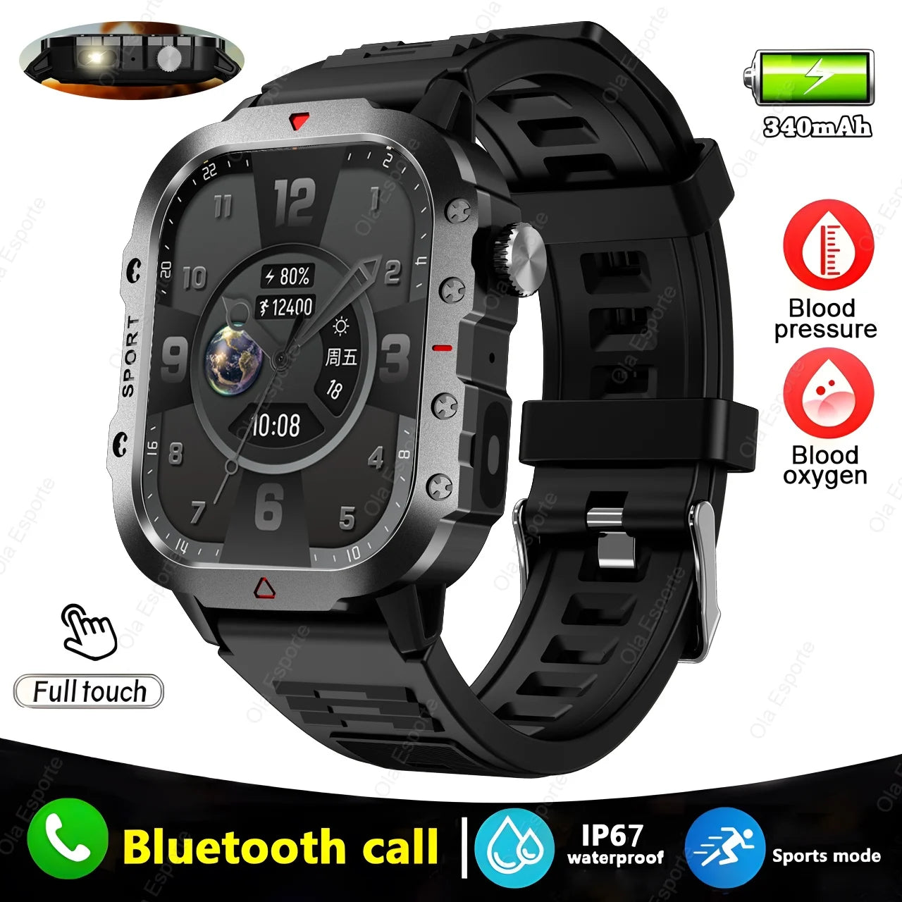 Ola Esporte HT30 Military Smartwatch | LED Flashlight & BT Call