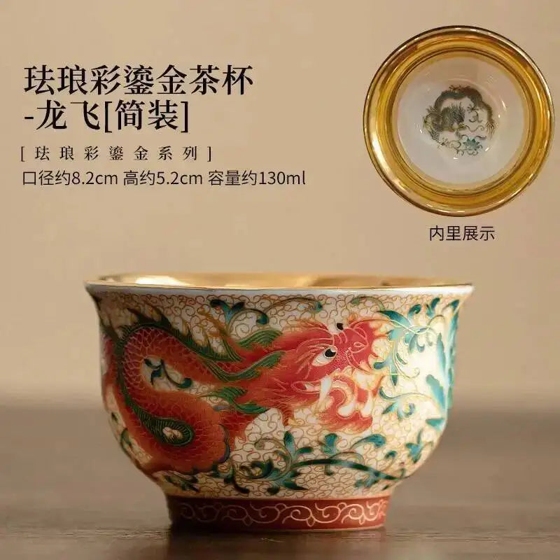 Enamel Color Gilded Tea Cup Dragon And Phoenix Ceramic Master Cup Tea Bowl Handmade Teacup Drinking Tea Cup Oasis Select Simple Decoration