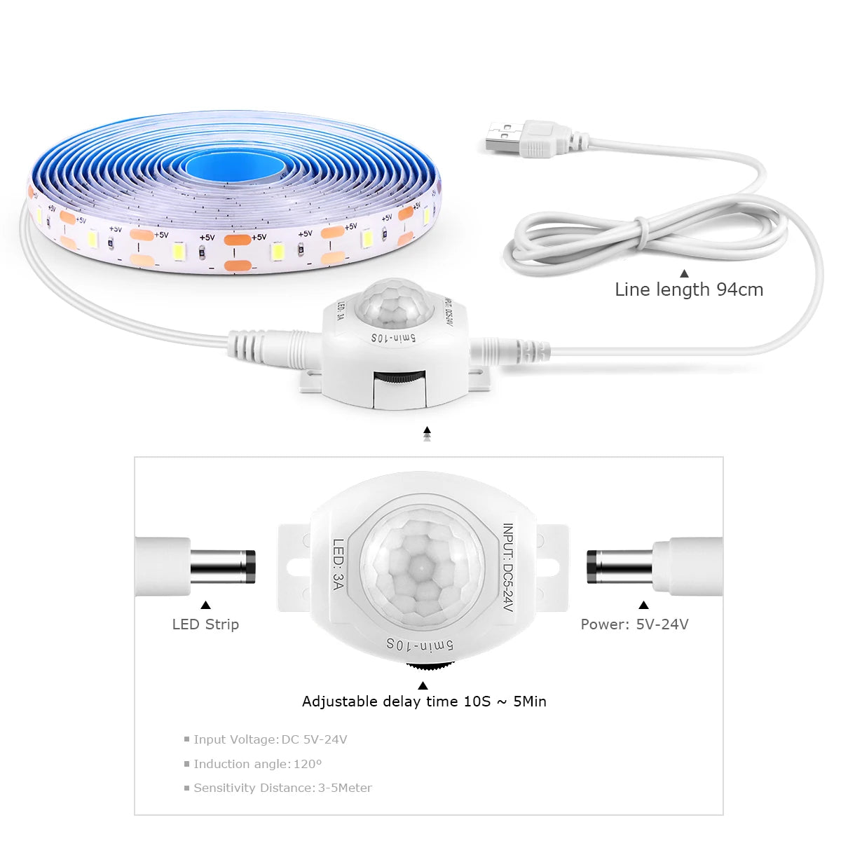 5V USB Smart PIR Motion Sensor LED Strip Light Auto ON/OFF 60leds/M Waterproof for Kitchen,Stair,Corrdior,Bedroom Night Lighting Oasis Select