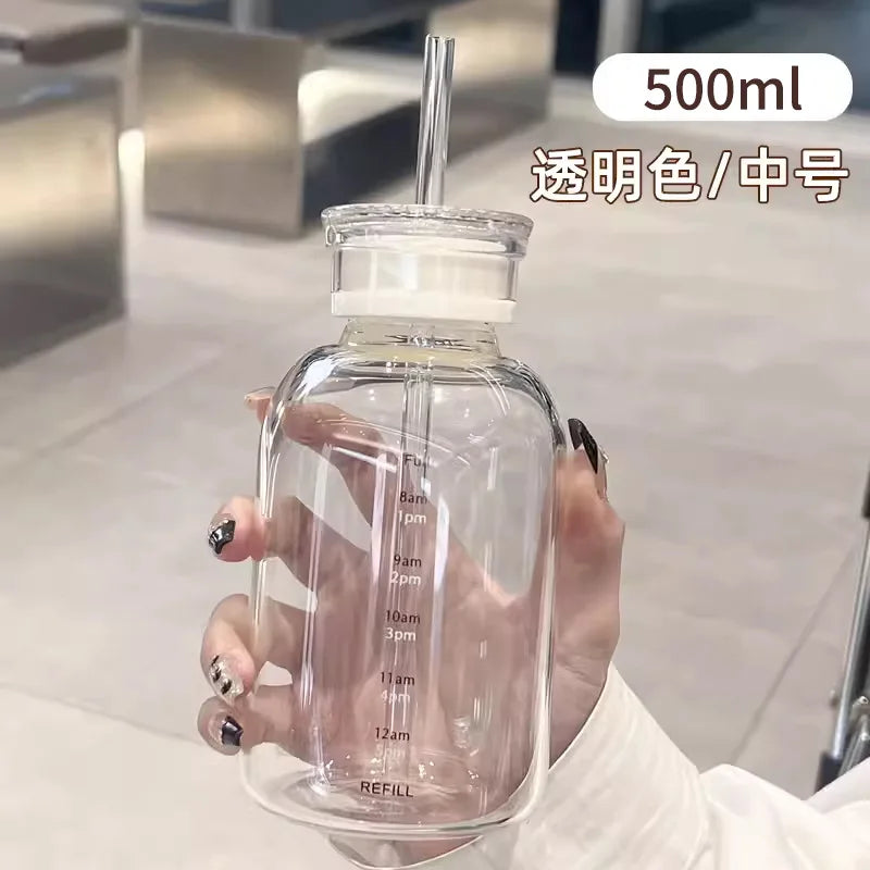 300/500/750ml Large Glass Water Bottle with Straw 2 Lids Clear Kawaii Drinking Bottle Leakproof Iced Coffee Cup for Woman Girl Oasis Select White-500ML <0.25L