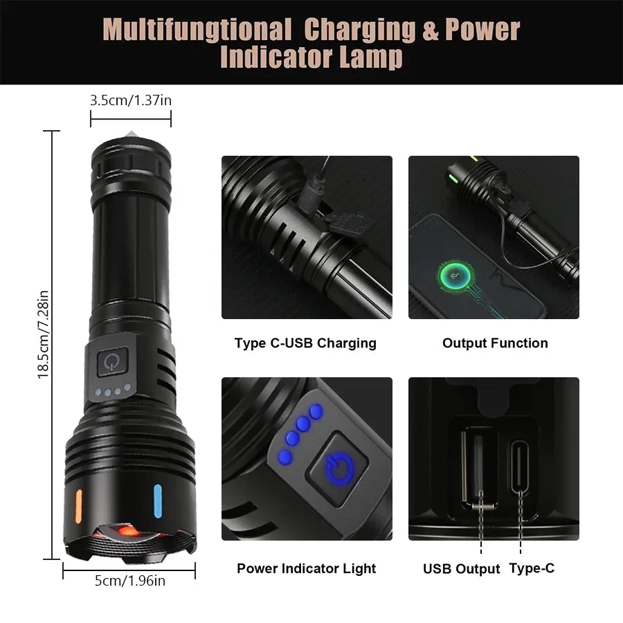 100000LM Ultra Bright LED Flashlight Rechargeable with Flame Ignition&Window Breaker Tactic Torch for Outdoor Camping Adventure Oasis Select