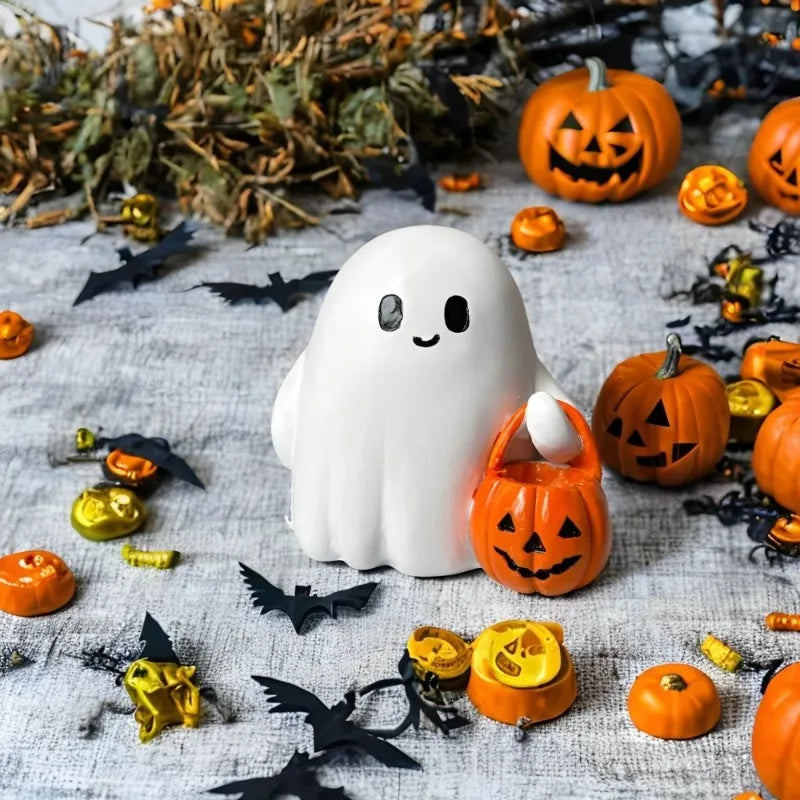 Indoor Outdoor Cute Ghost Statue Holding Pumpkin Statue Resin Halloween Home Decorations for Living Room Bedroom Garden Oasis Select