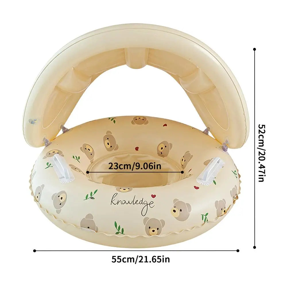Baby swimming ring with sunshade inflatable baby pool float mat cute retro thickened seat ring detachable sunshade seat ring Oasis Select bear