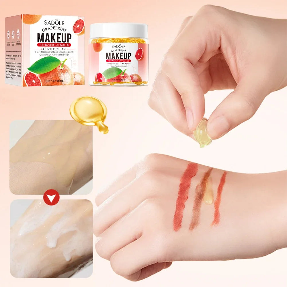 35pcs Grapefruit Makeup Remover Oil Capsules Portable Dissolving Cream Cleanser for Face and Eyes Gentle Effective Travel Kit Oasis Select