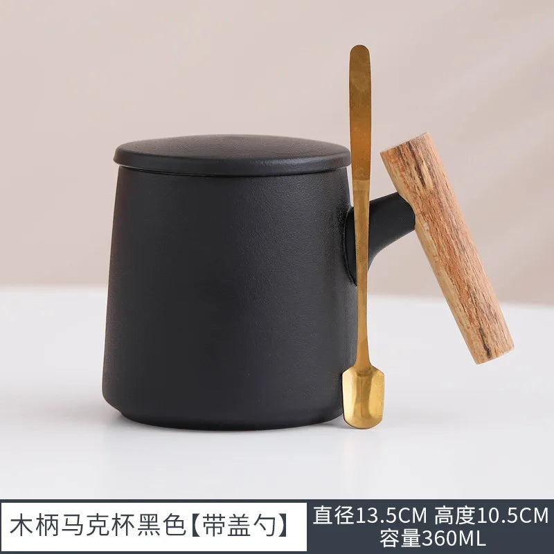 Office Wooden Handle Mug Japanese-style Ceramic Office Tea Cup Frosted Water Cup Three-piece Set with Lid Filter Mug Coffee Mug Oasis Select Black 301-400ml