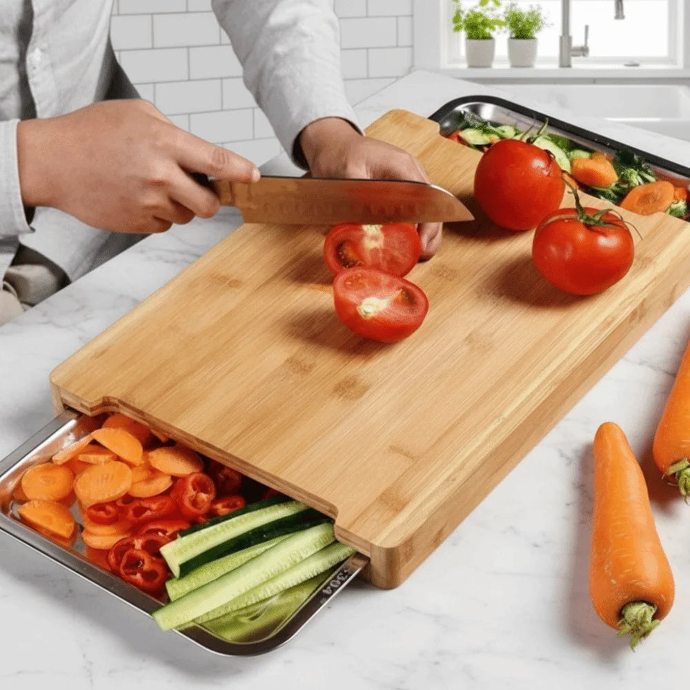 Beech Wood Cutting Board with Drawers | Non-Slip & Eco-Friendly